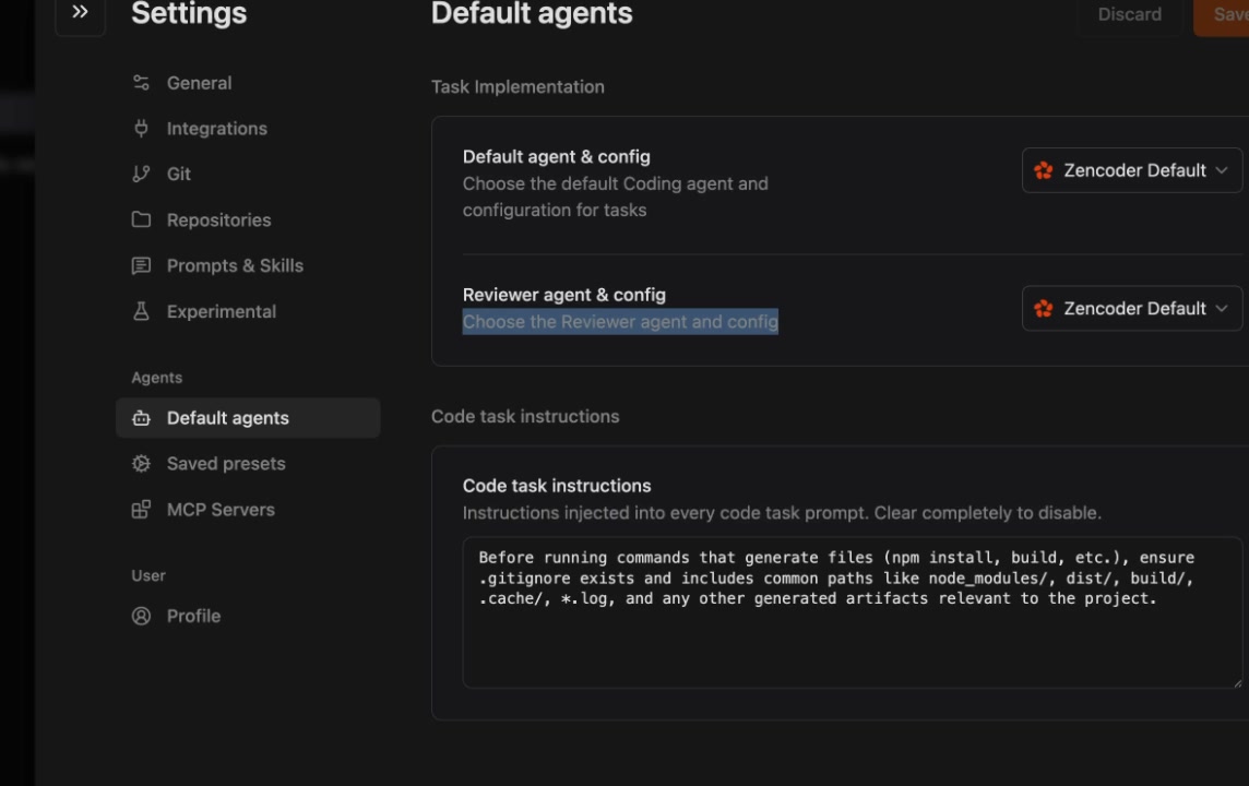 Default agents settings showing task implementation agent, reviewer agent, and code task instructions