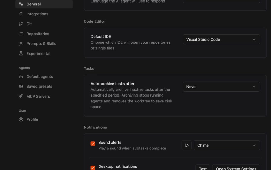 Zenflow General settings showing Code Editor, Tasks, and Notifications sections
