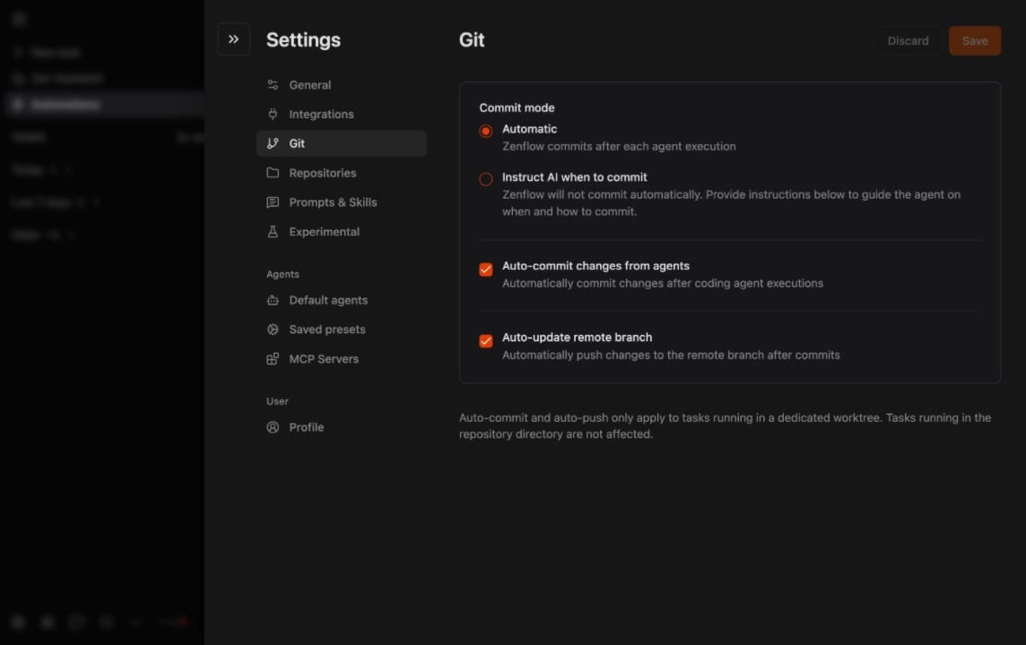 Git settings showing commit mode, auto-commit, and auto-push toggles