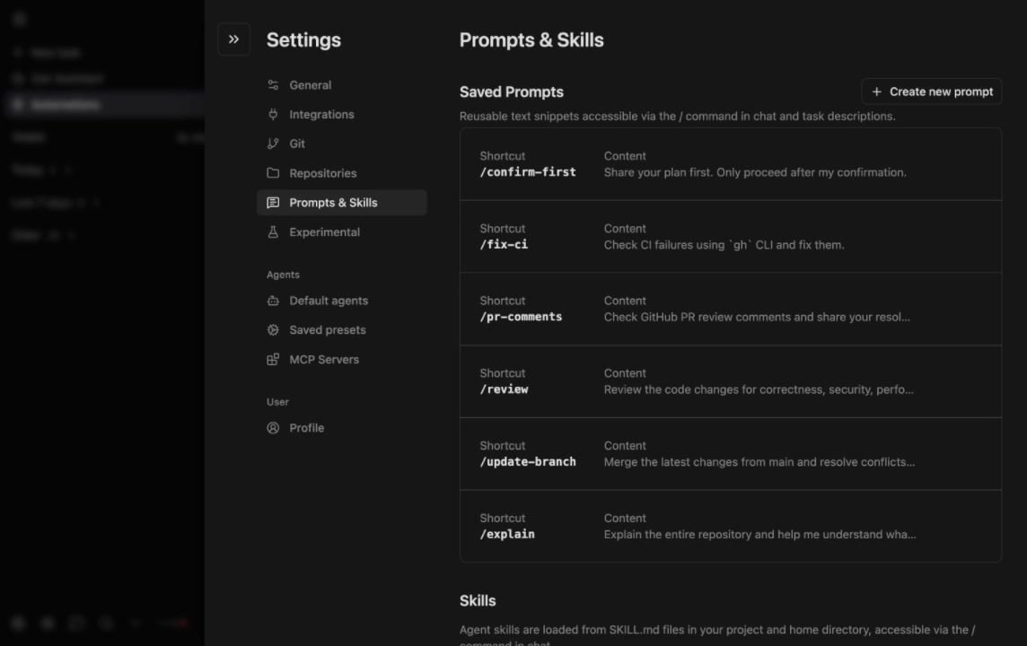 Zenflow Settings showing Prompts & Skills page with saved prompts and skills sections