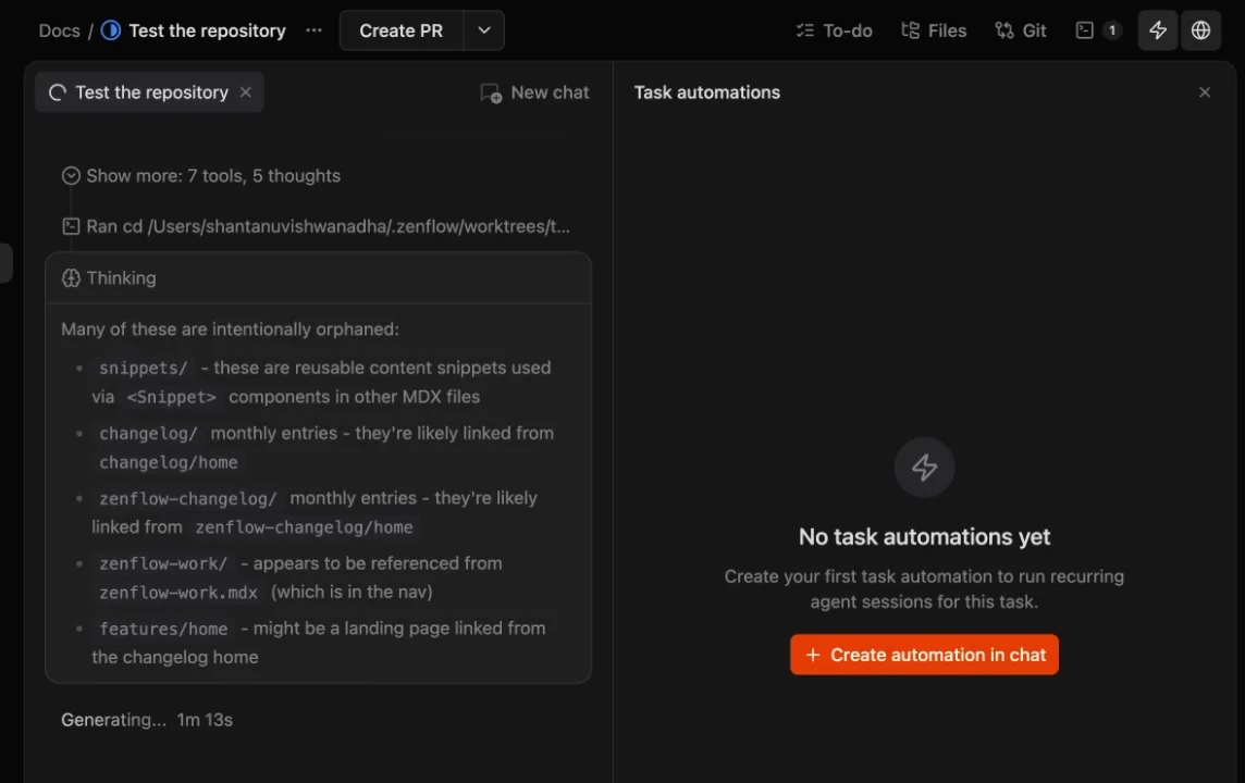 In-task automations panel