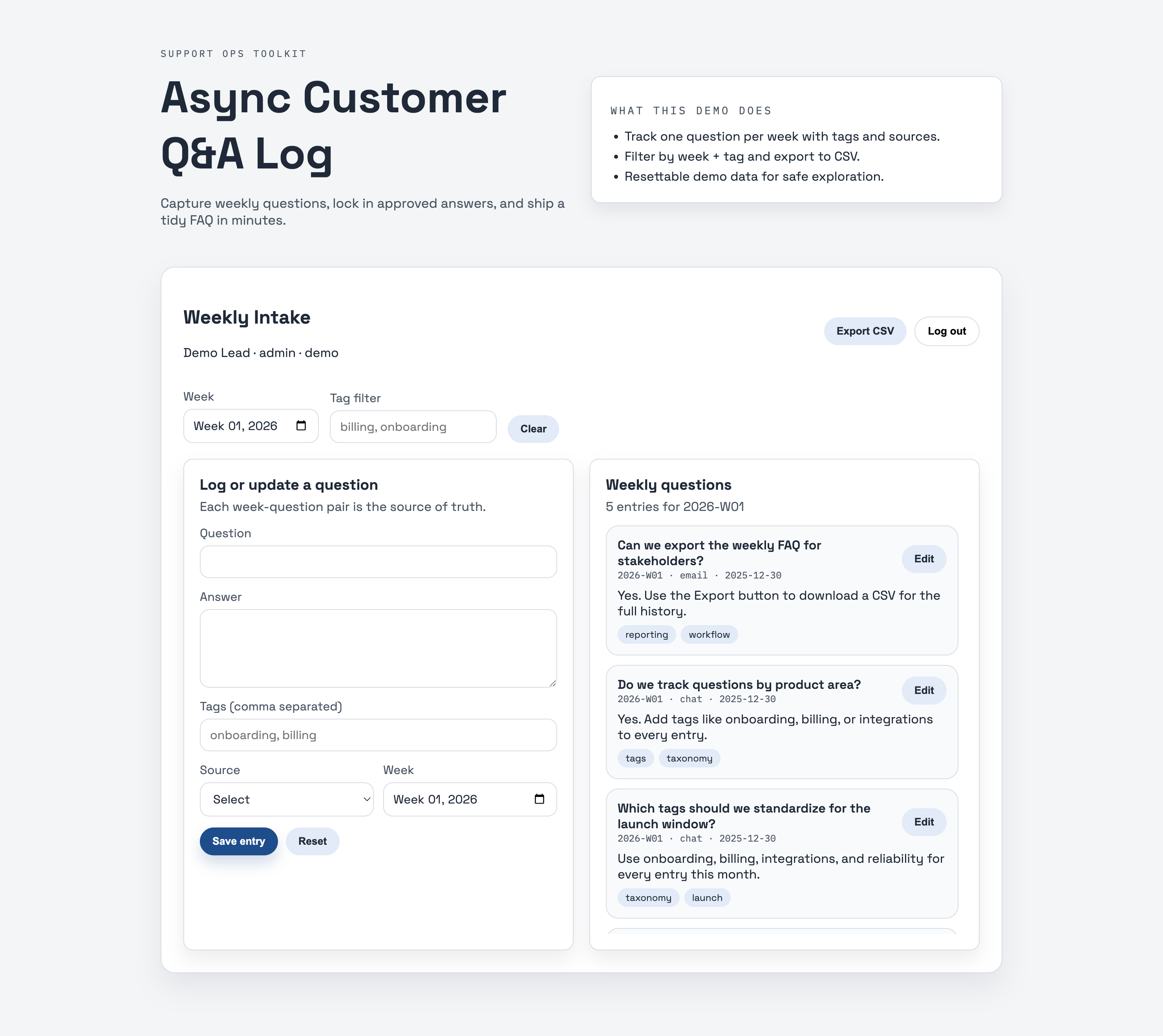 Async Customer Q&A Log dashboard screenshot