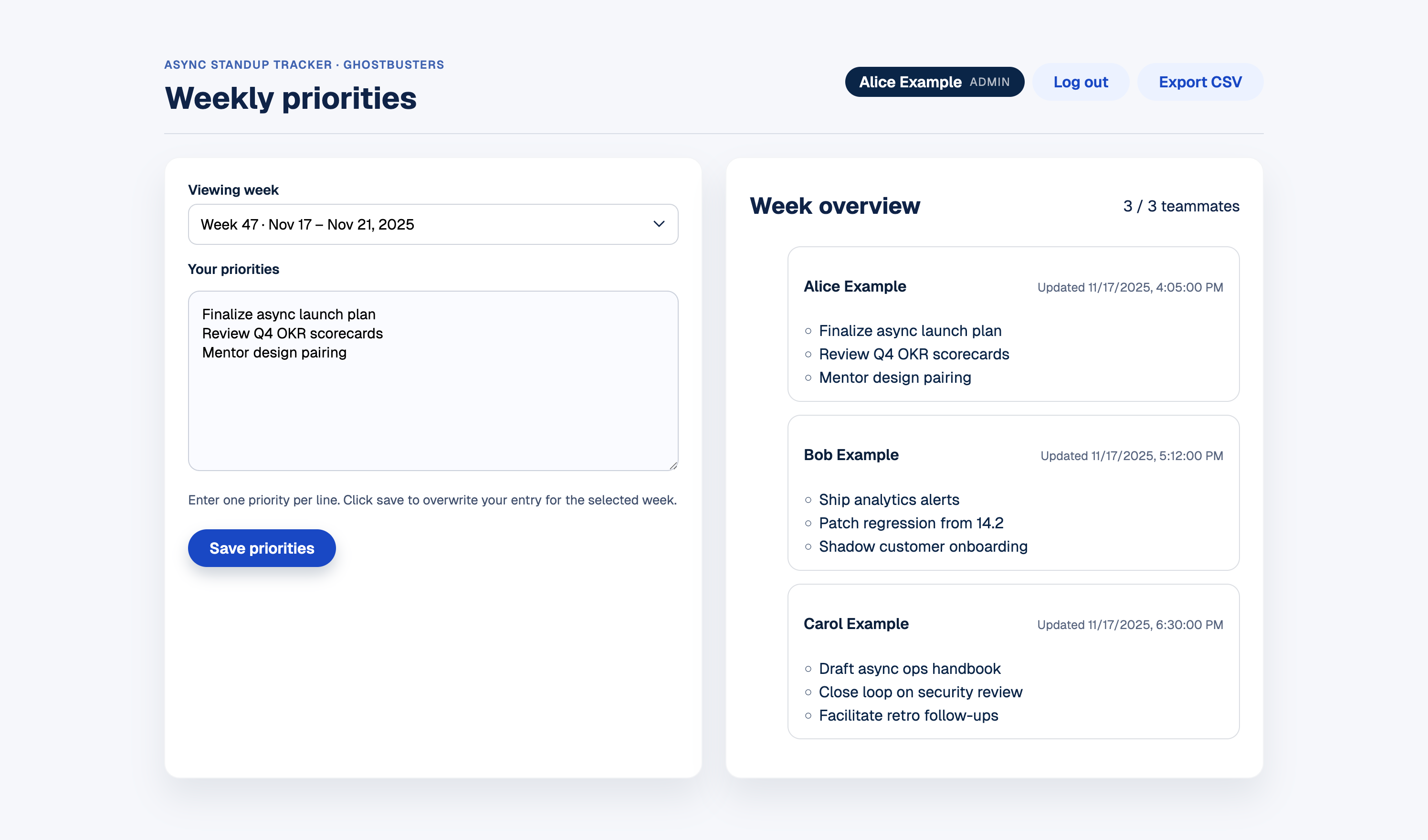 Async Standup Tracker dashboard screenshot