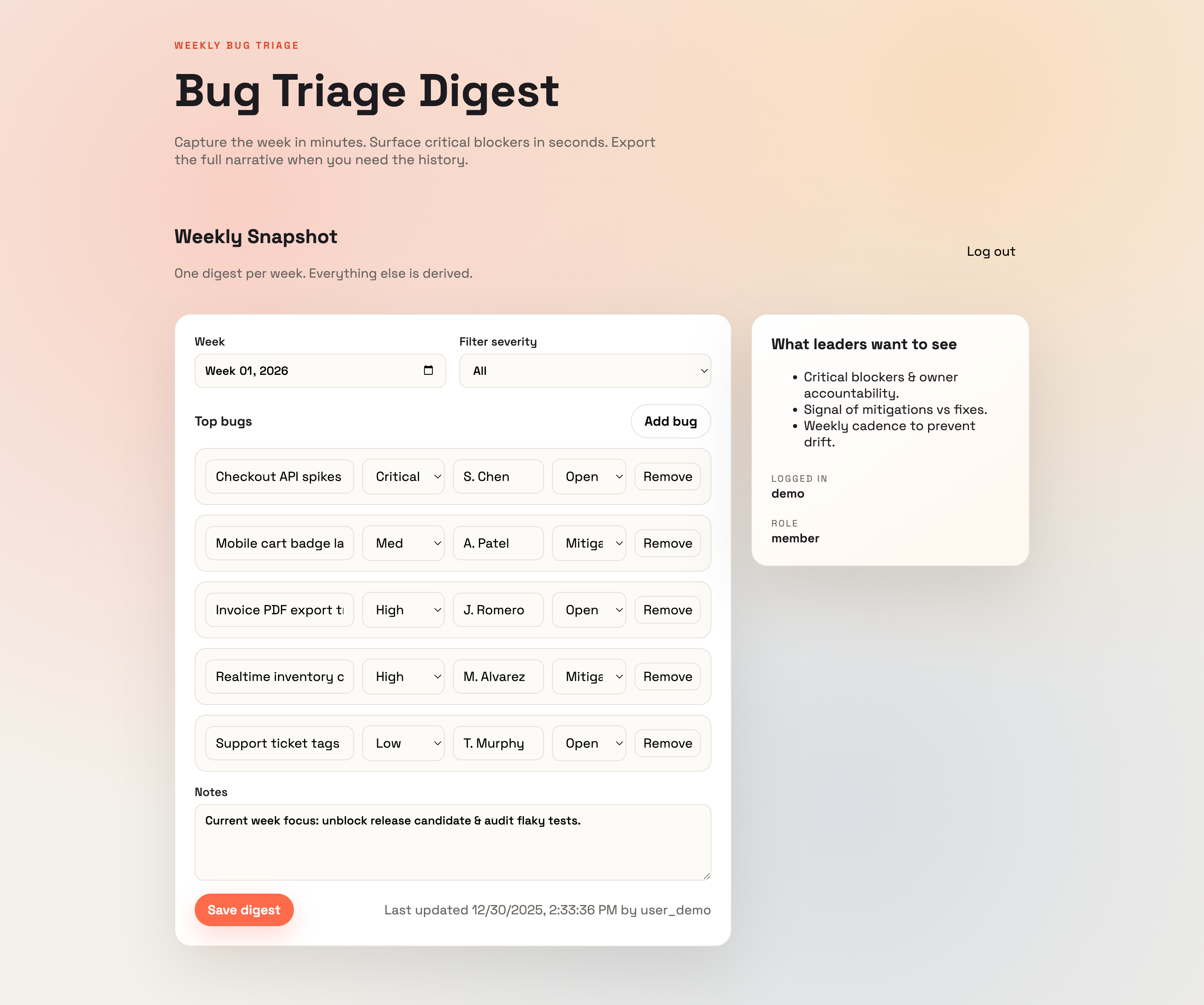 Bug Triage Digest dashboard screenshot
