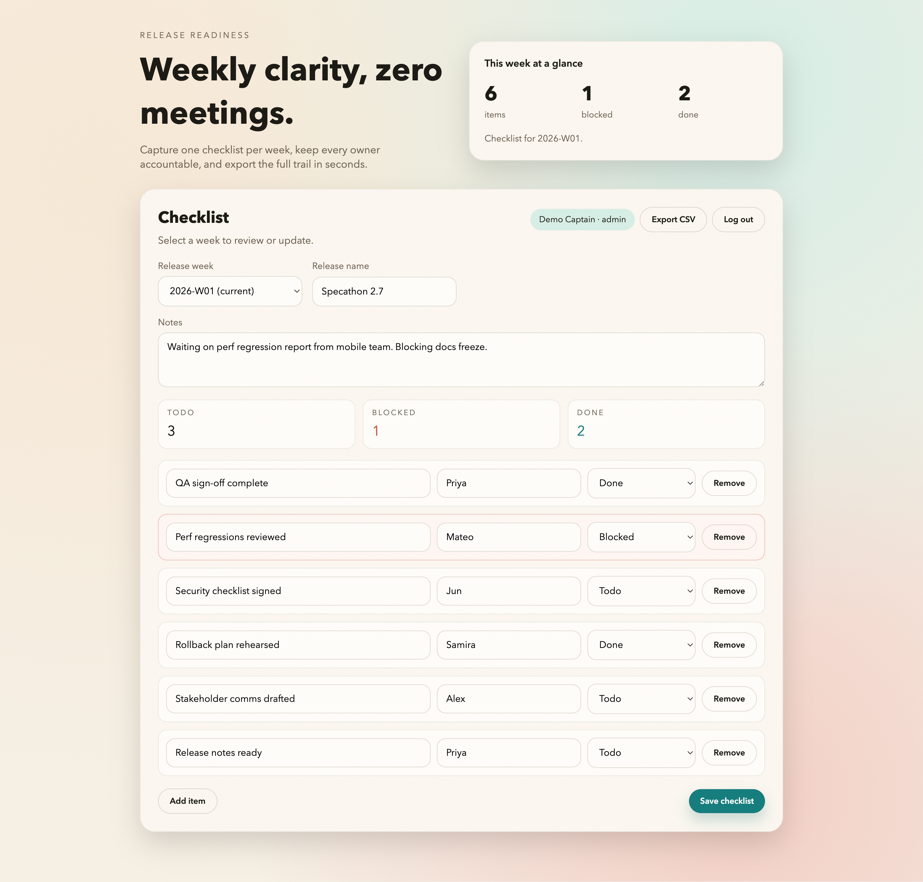 Release Readiness Checklist dashboard screenshot