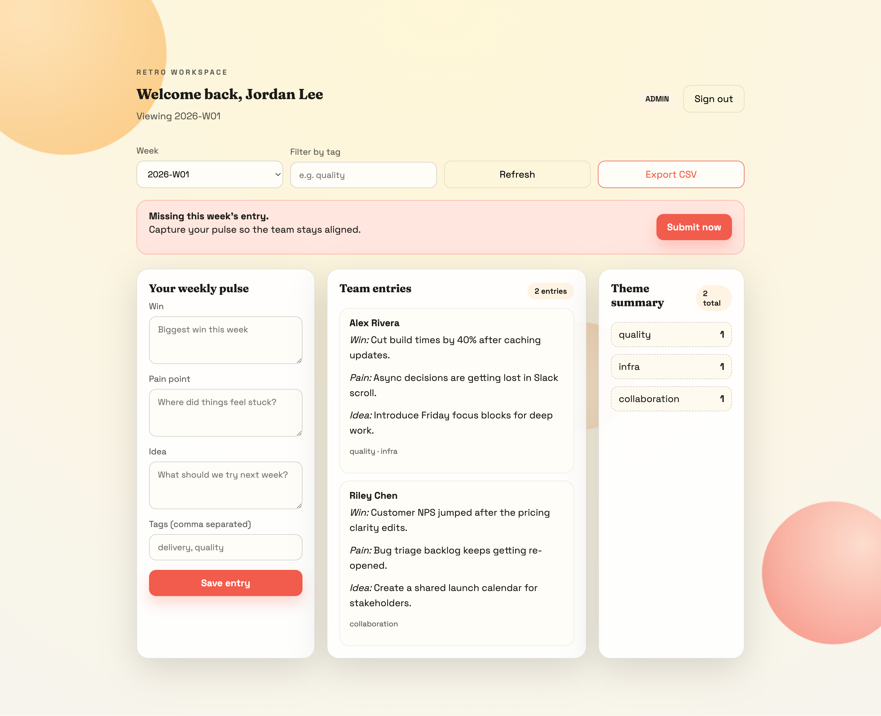 Weekly Retro Pulse dashboard screenshot