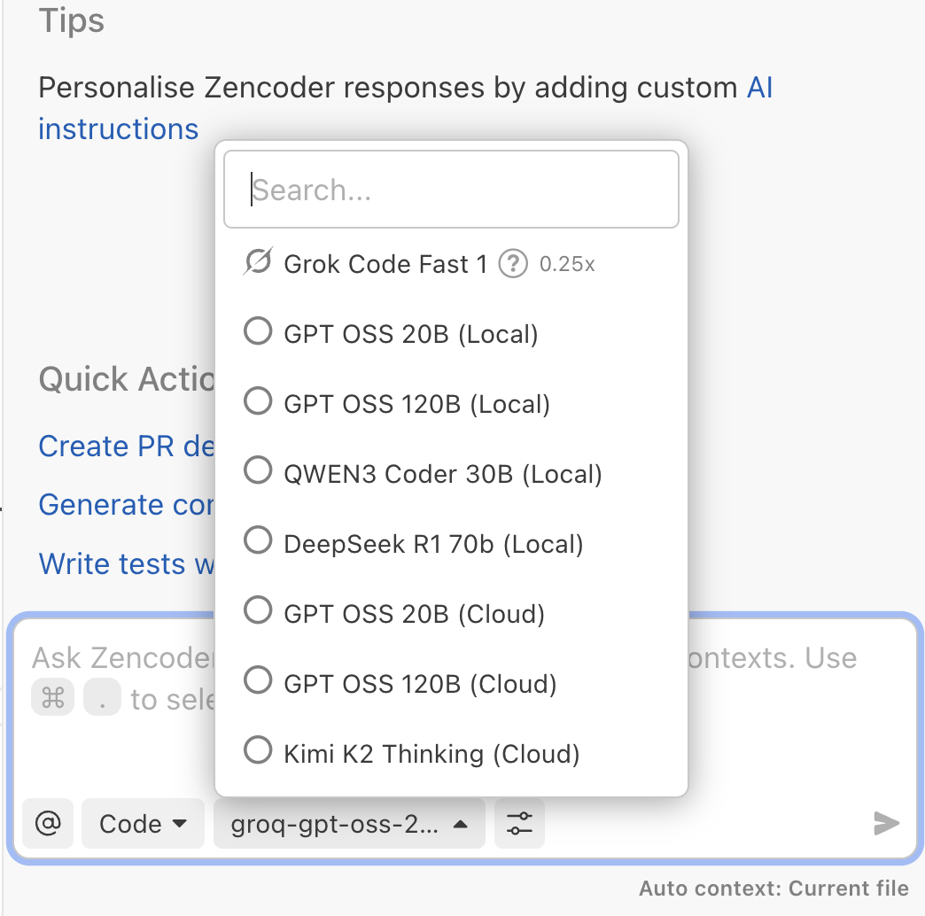 Model selector showing BYOM models