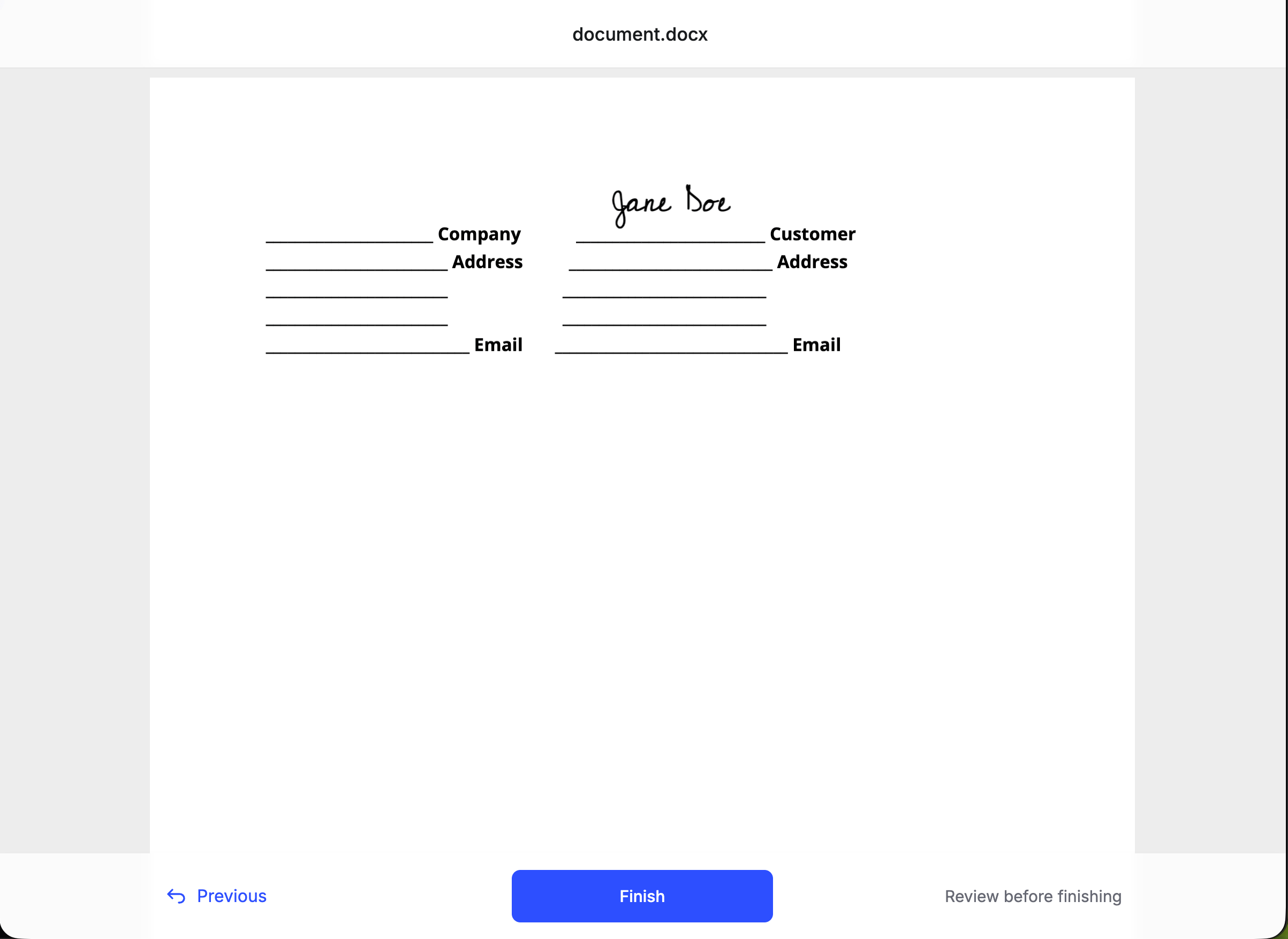 Signing view with a completed Customer signature and a Finish button