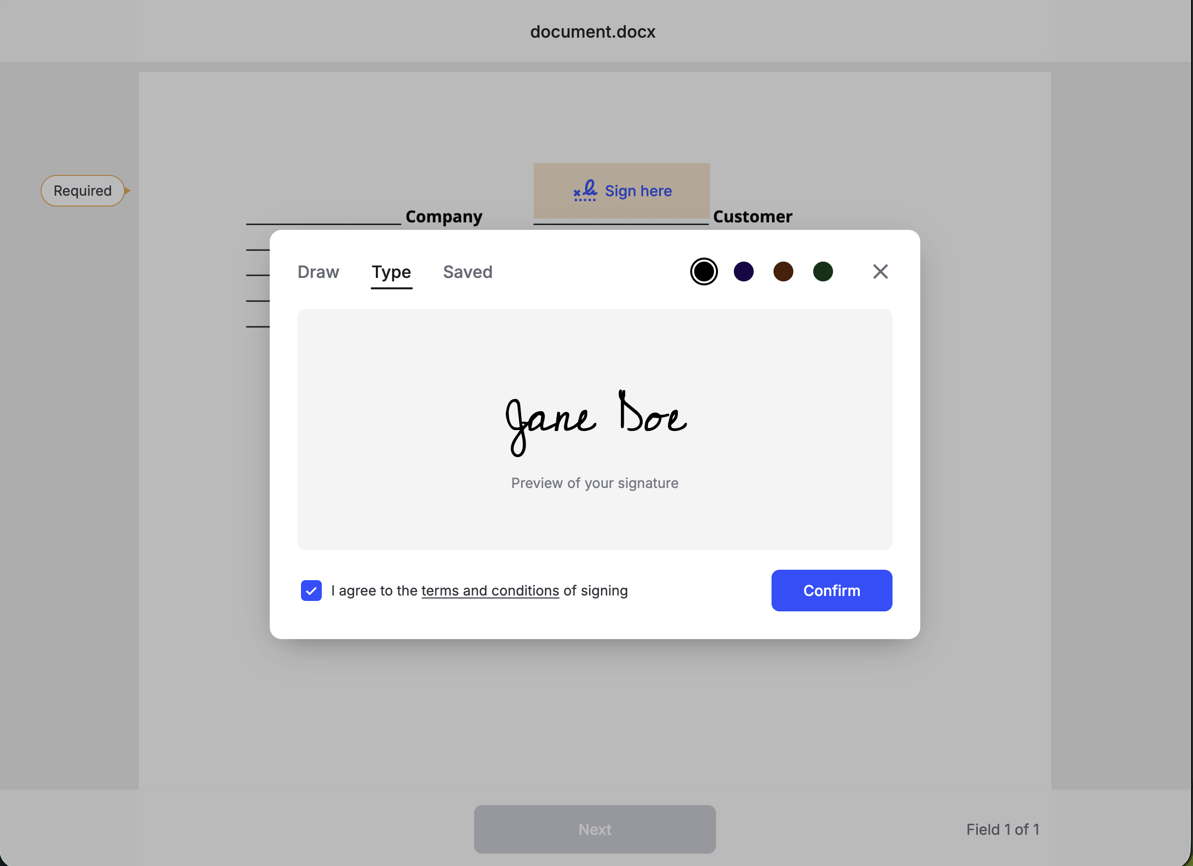 Signature modal over the document with Draw, Type, and Saved tabs, a drawn signature, consent checkbox, and Confirm button