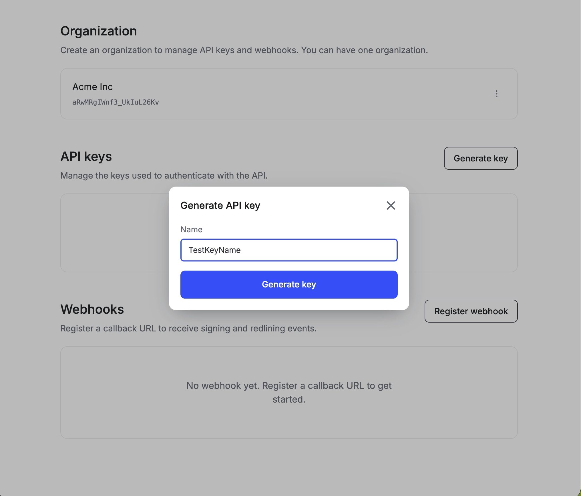 Generate API key modal with Name set to TestKeyName