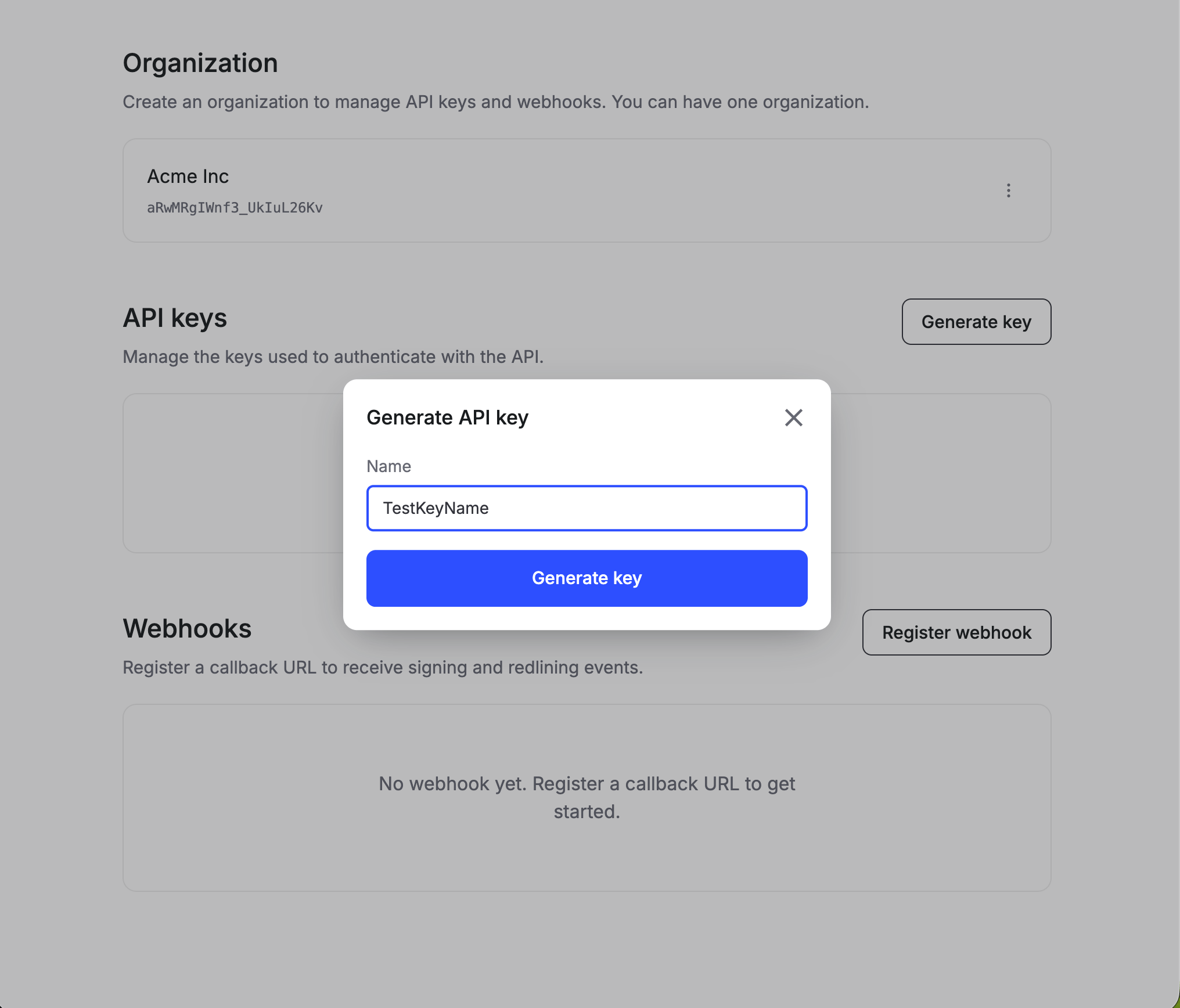Generate API key modal with Name set to TestKeyName