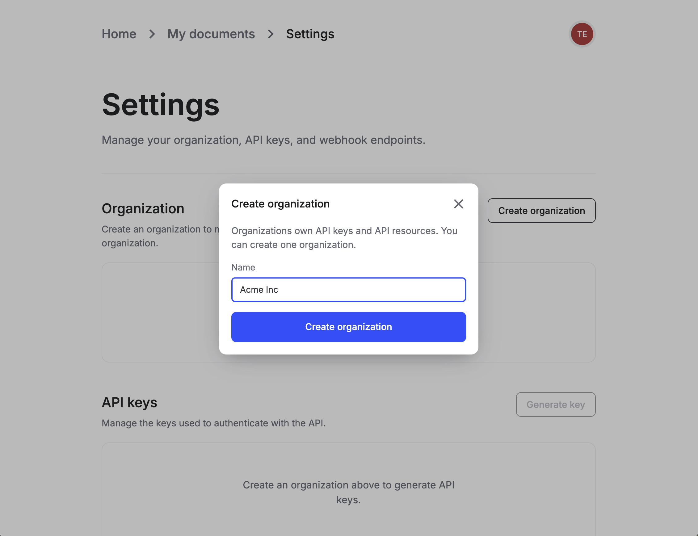 Create organization modal with Name set to Acme Inc