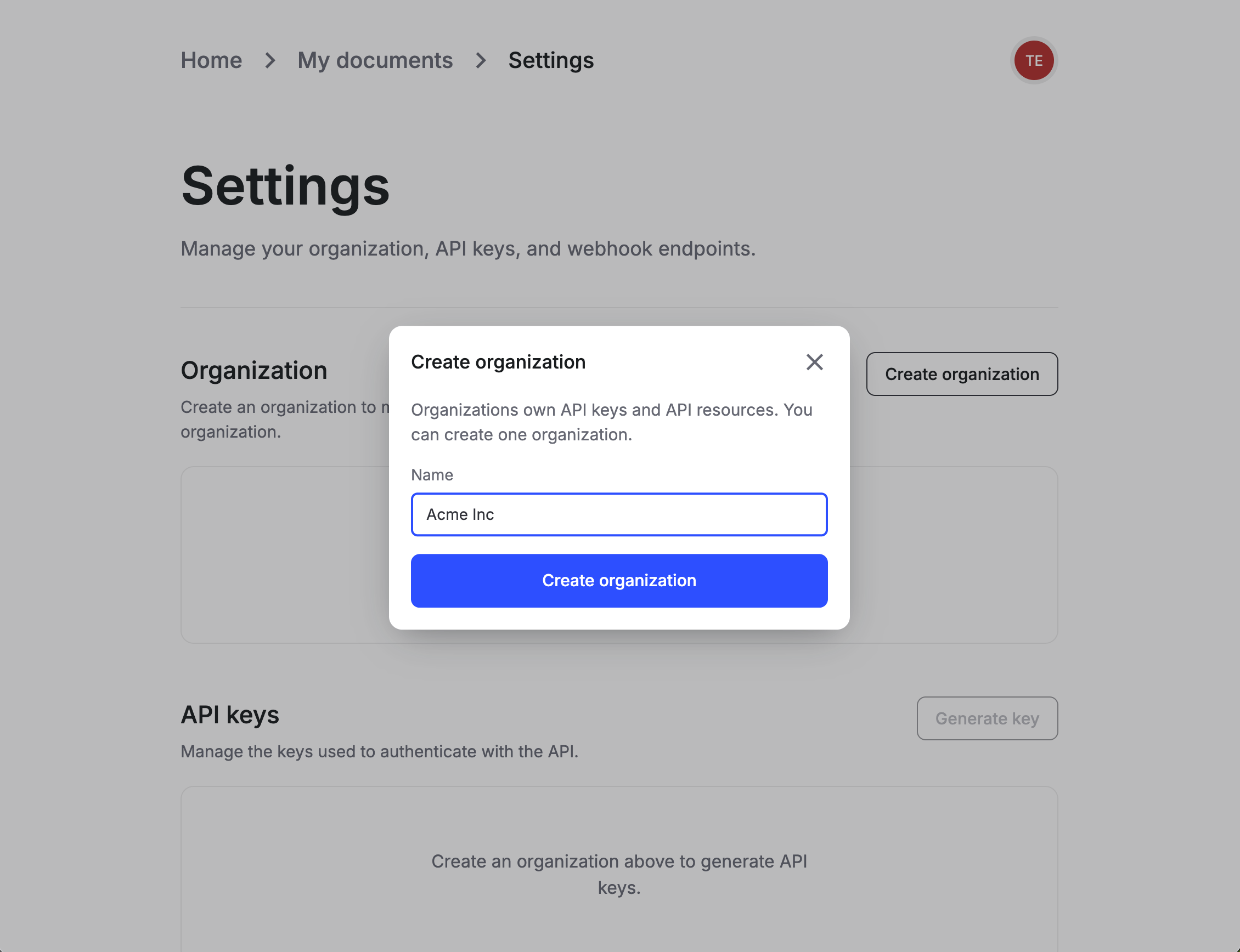 Create organization modal with Name set to Acme Inc