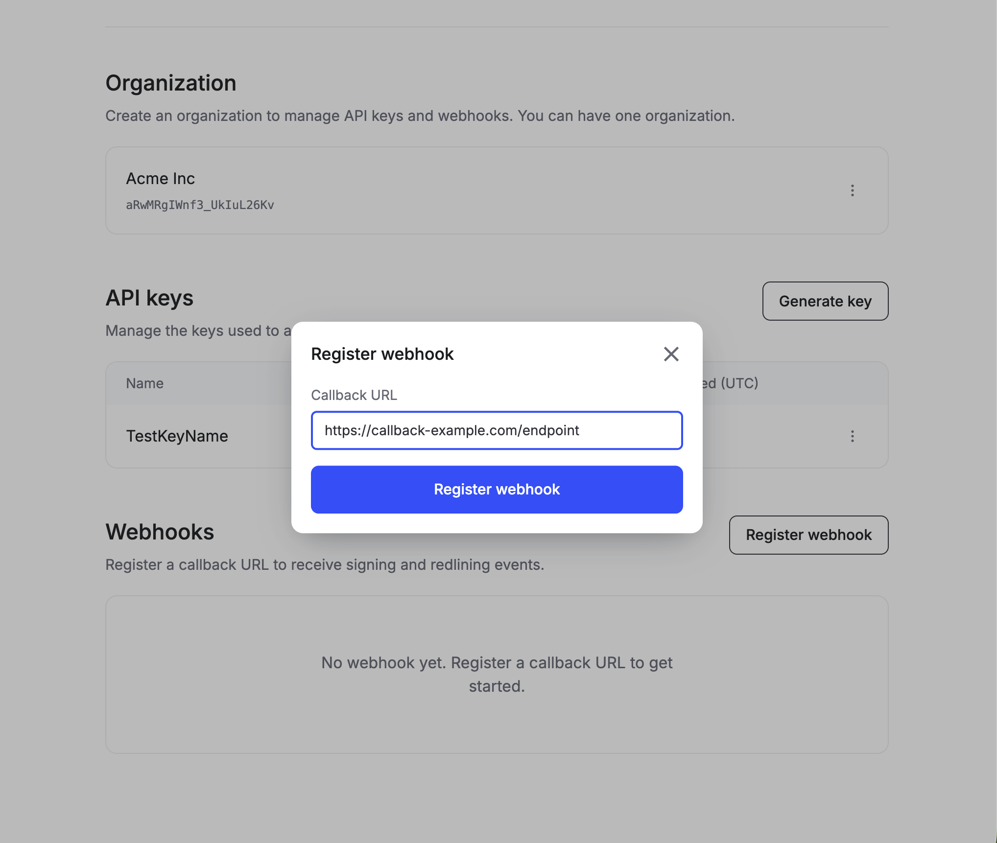 Register webhook modal with a Callback URL field