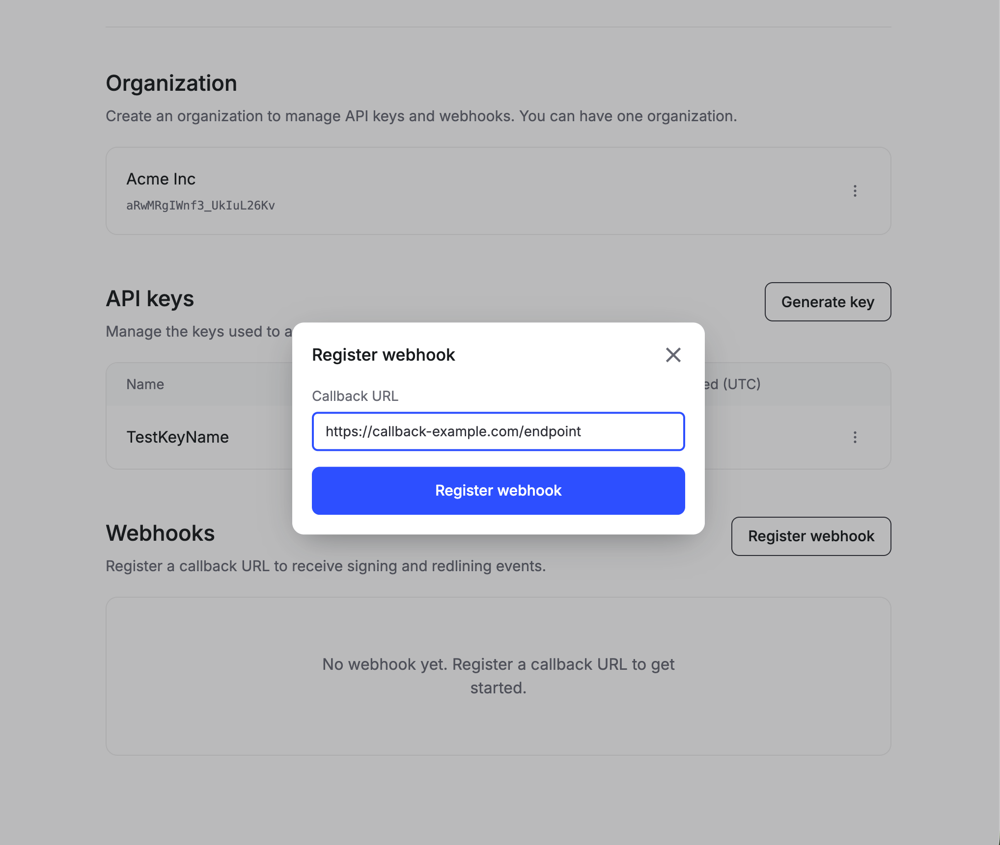 Register webhook modal with a Callback URL field