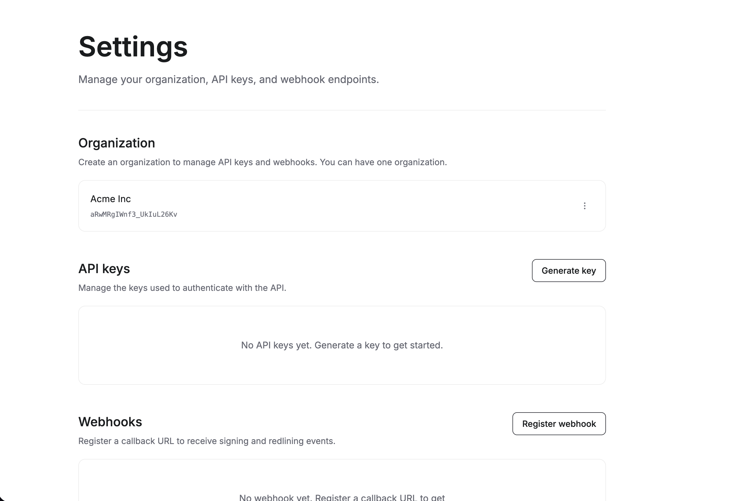 Settings page showing Acme Inc organization with Generate key and Register webhook enabled