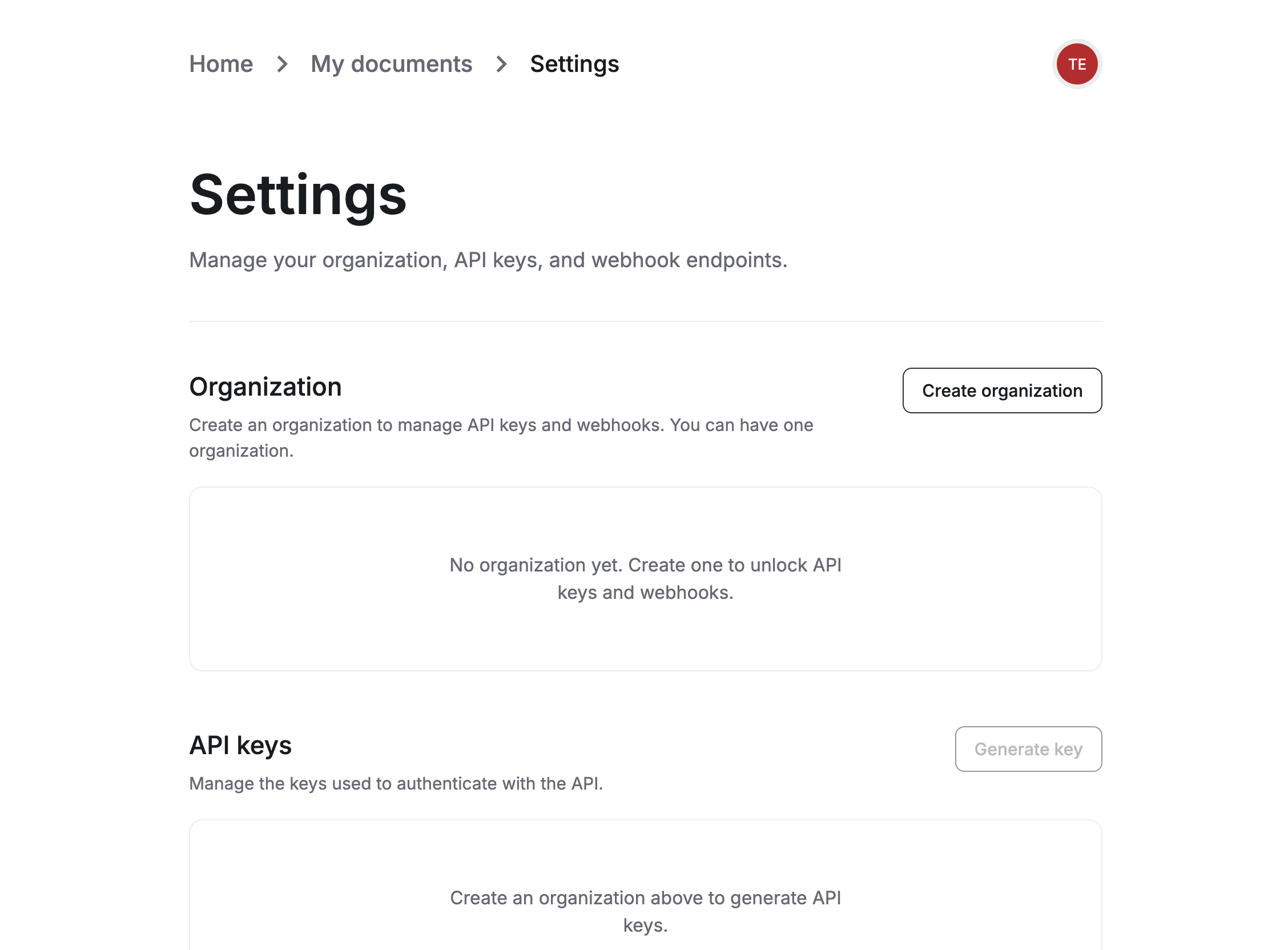 Settings page showing an empty Organization section and disabled API keys and Webhooks actions