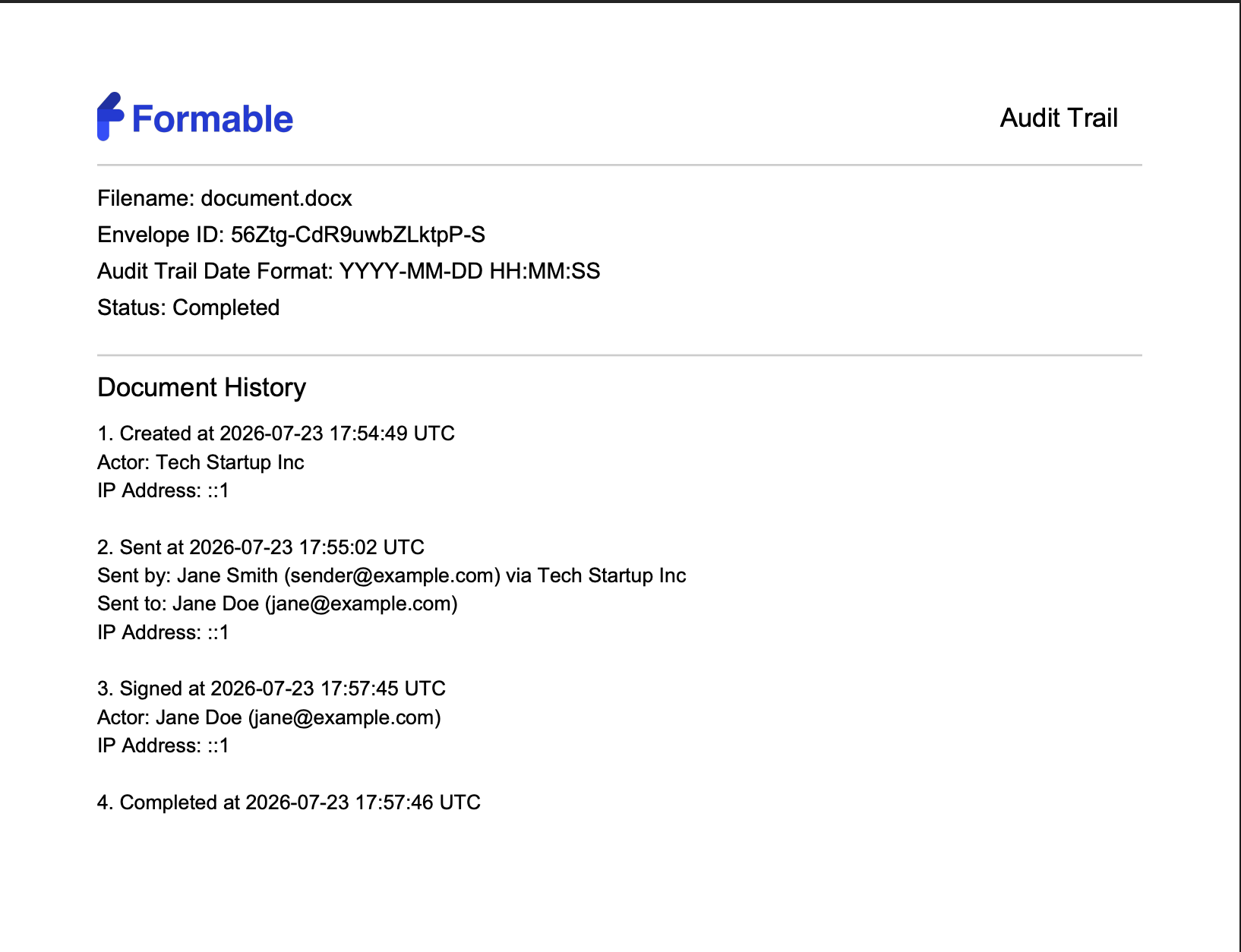Formable audit trail page for document.docx with Envelope ID, Completed status, and a Document History of Created, Sent, Signed, and Completed events