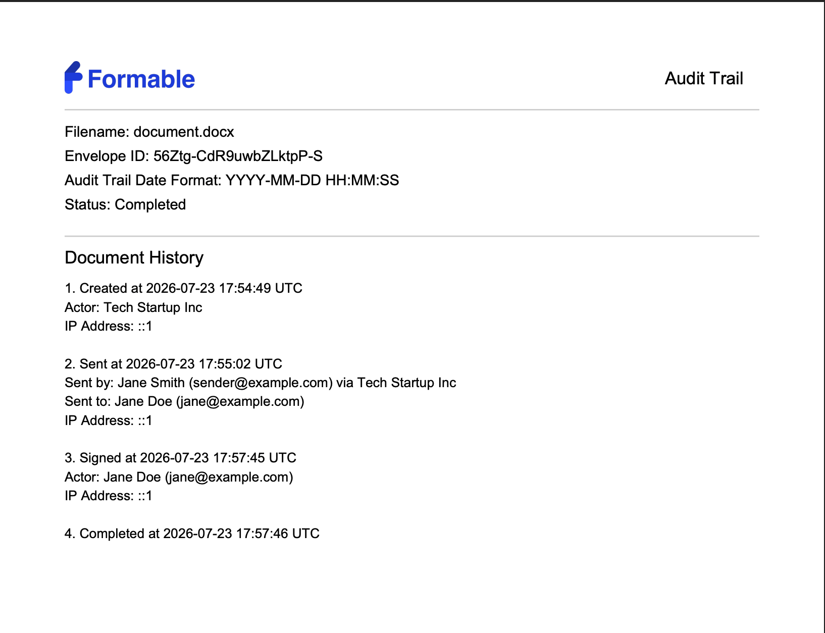 Formable audit trail page for document.docx with Envelope ID, Completed status, and a Document History of Created, Sent, Signed, and Completed events
