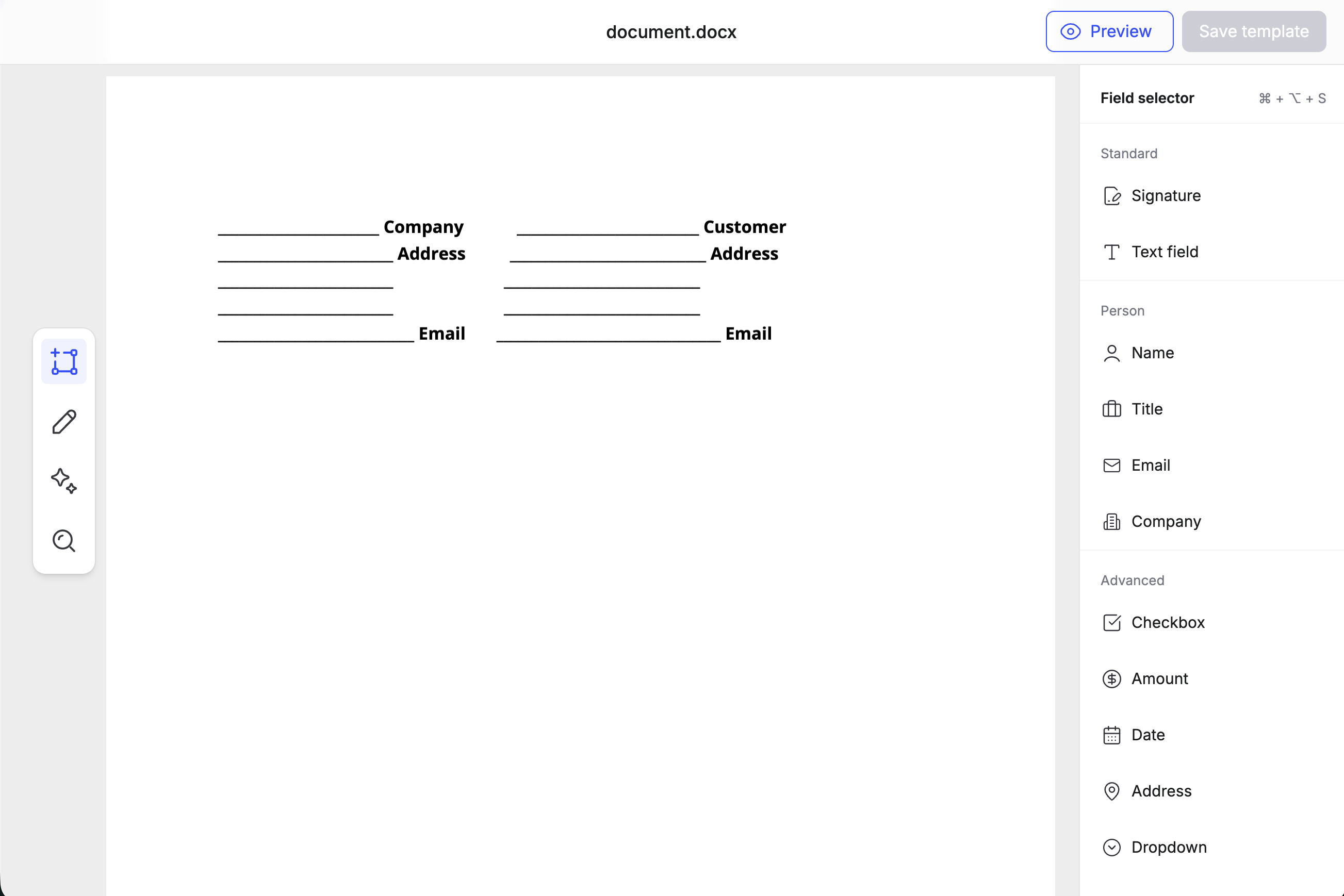 Template editor showing document.docx with the Field selector sidebar listing Signature, Text, and other field types