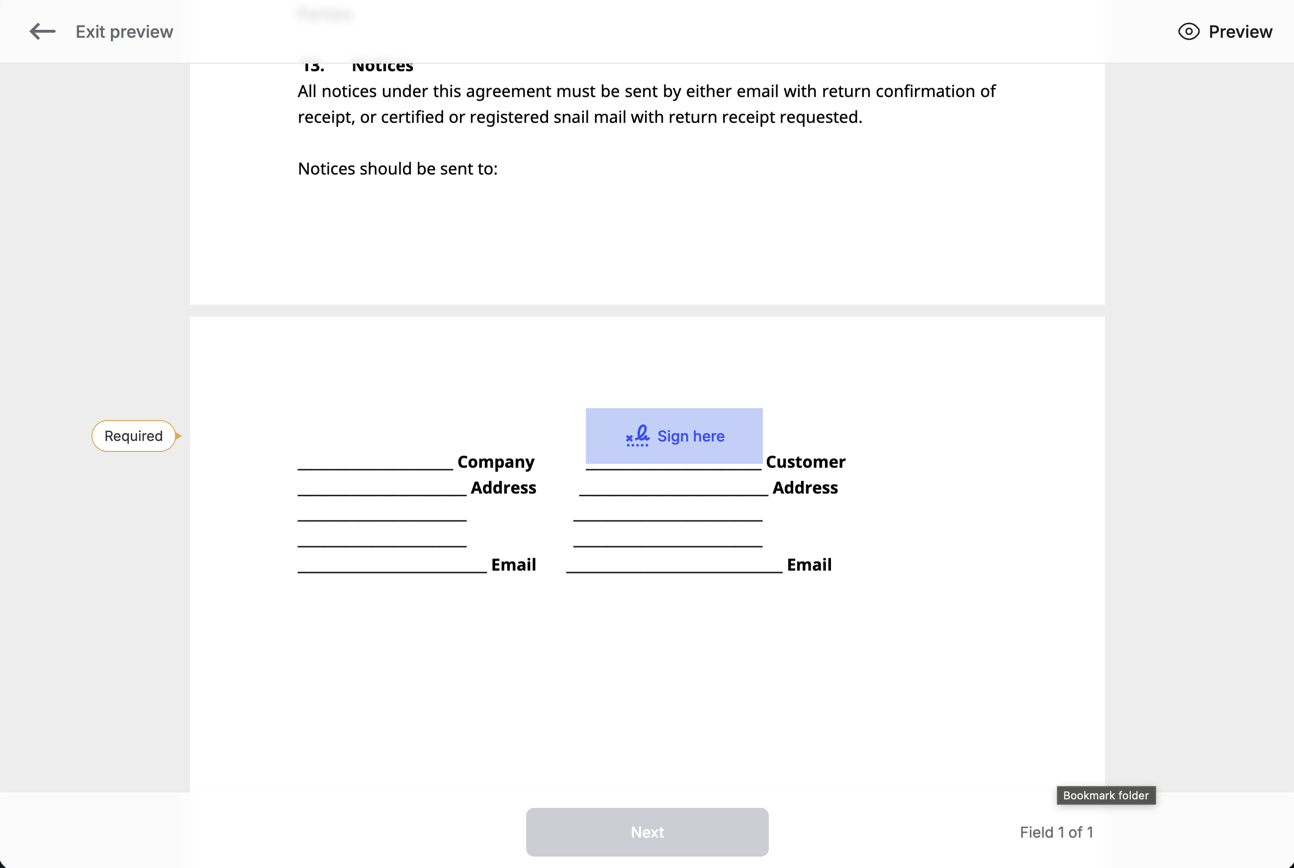 Template preview showing a required Sign here field on the Customer signature line