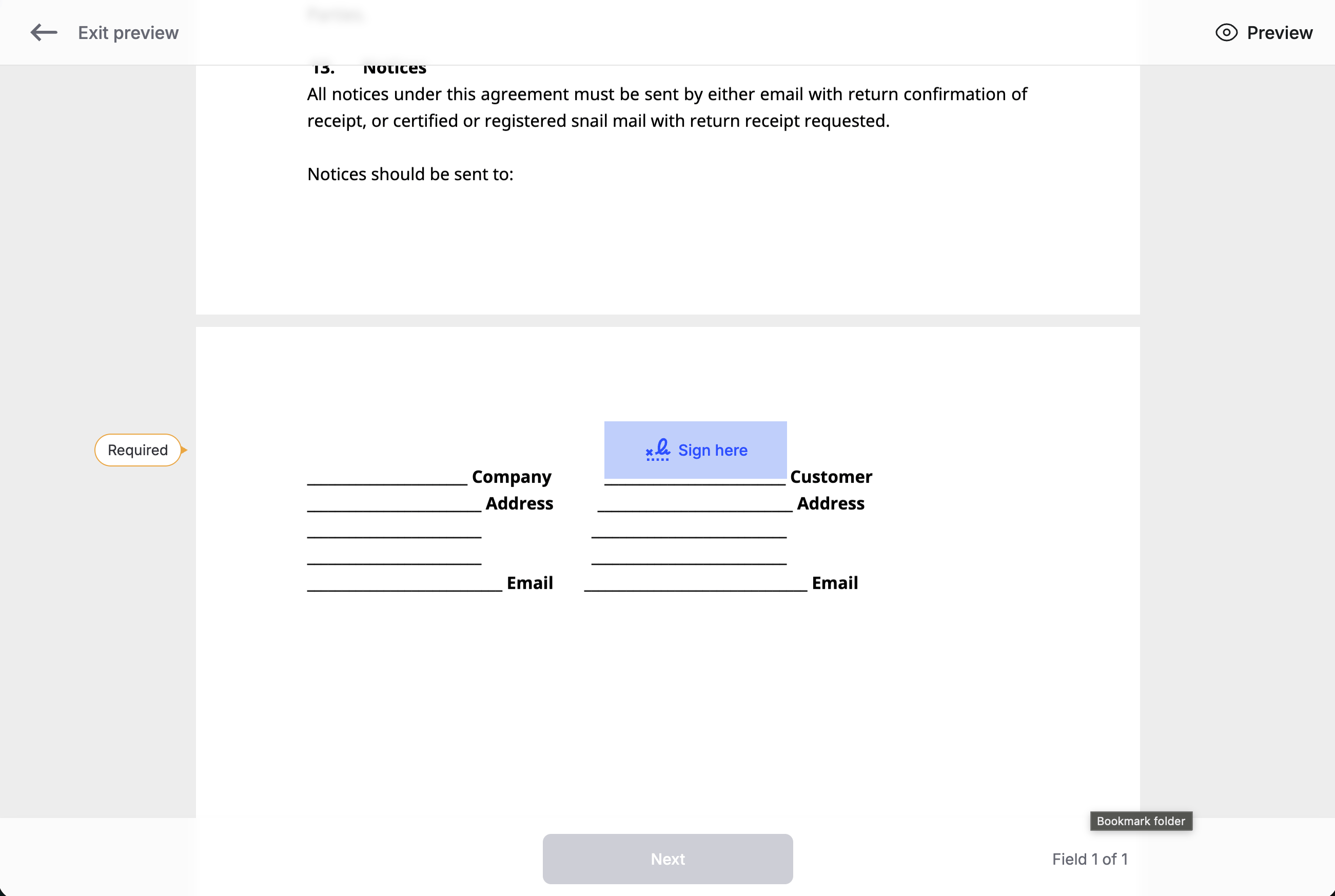 Template preview showing a required Sign here field on the Customer signature line