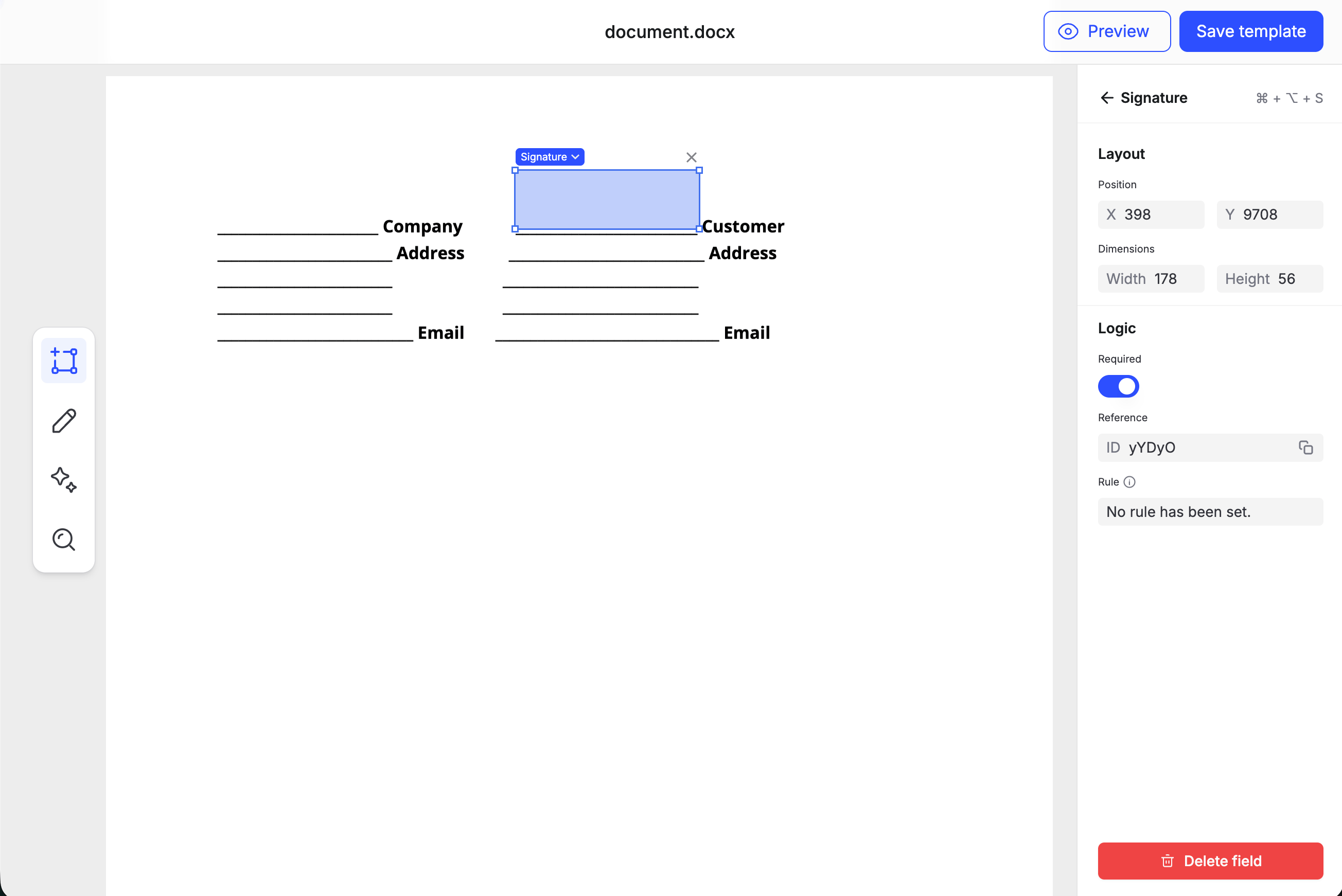 Template editor with a Signature field selected over the Customer line, showing Required toggle and Reference ID in the sidebar