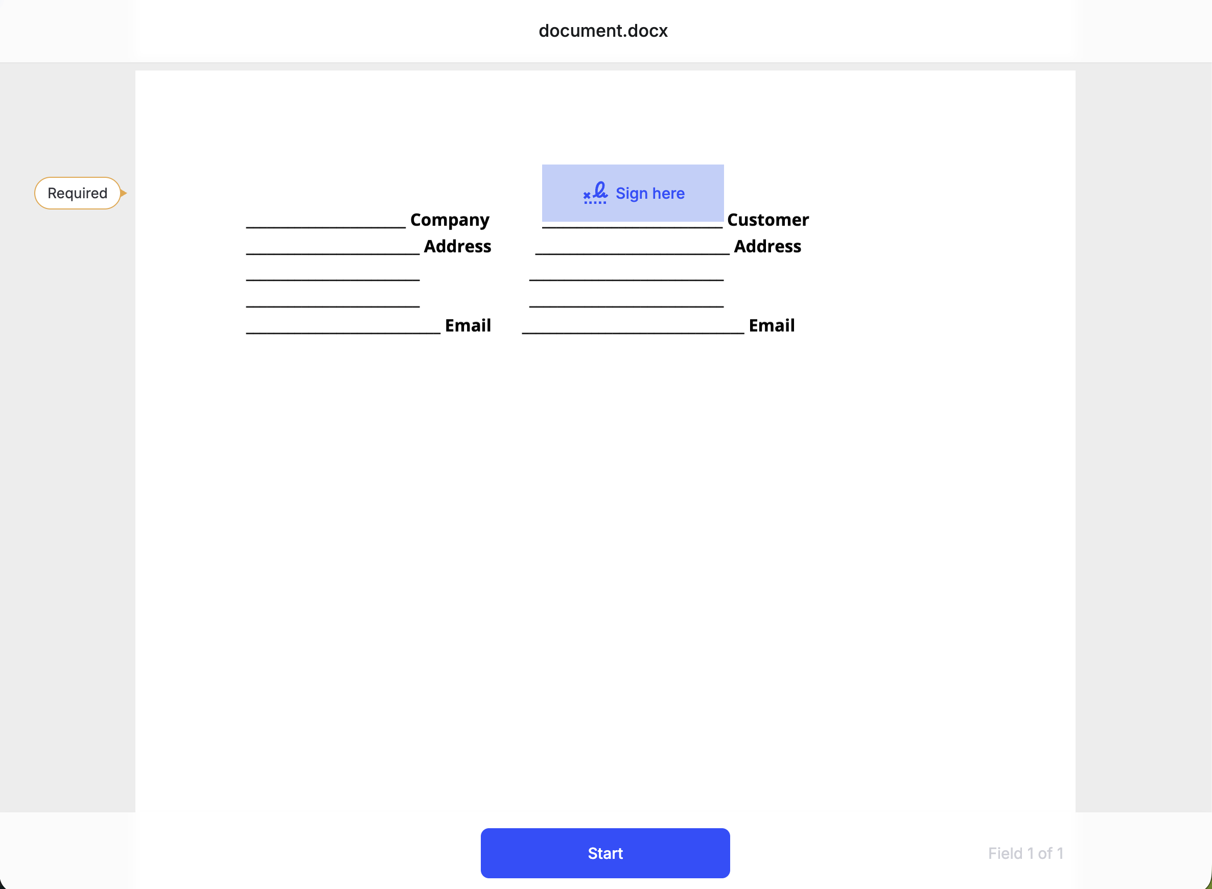 Embedded signing view showing document.docx with a Sign here field on the Customer line, a Required callout, and a Start button