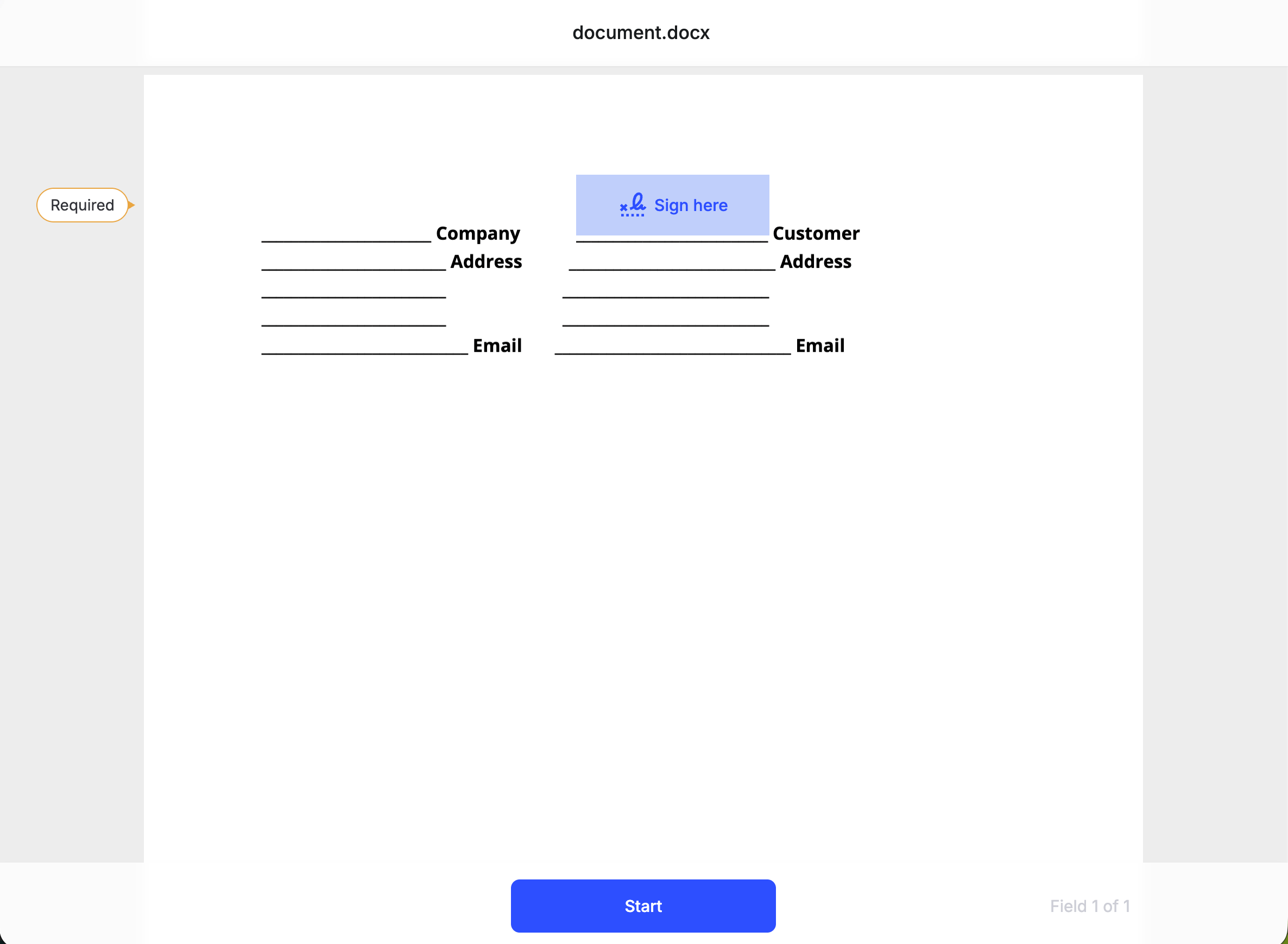 Signing view showing document.docx with a Sign here field on the Customer line, a Required callout, and a Start button
