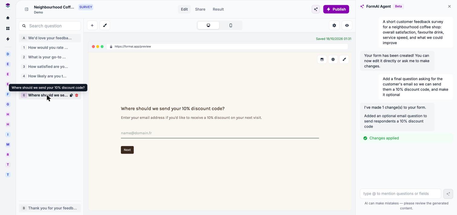FormAI Agent panel showing Changes applied, with a new email question added to the form outline