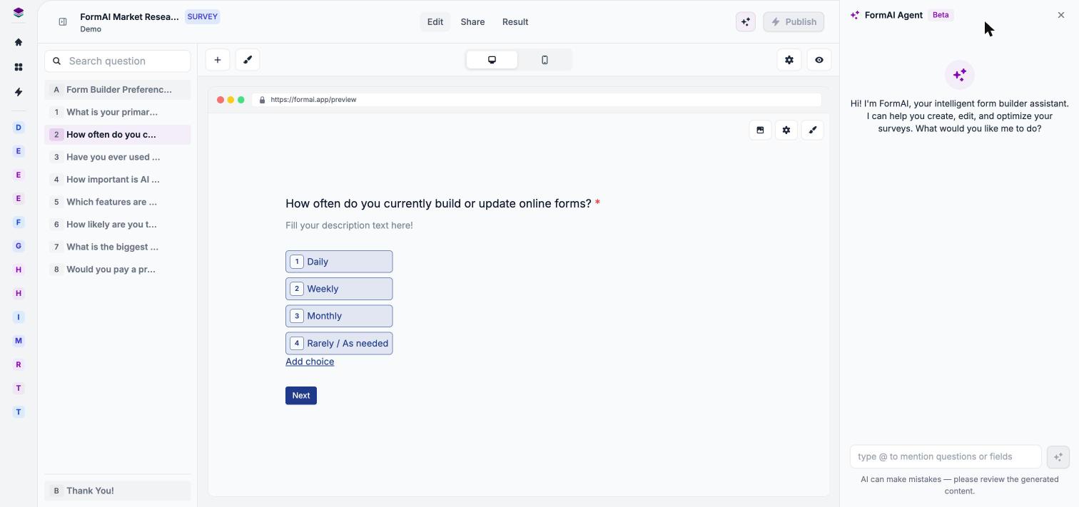 The FormAI Agent panel open beside the form editor, showing the greeting and the message box