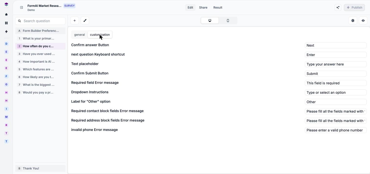 The Form settings customization tab listing editable button labels, placeholders, and error messages