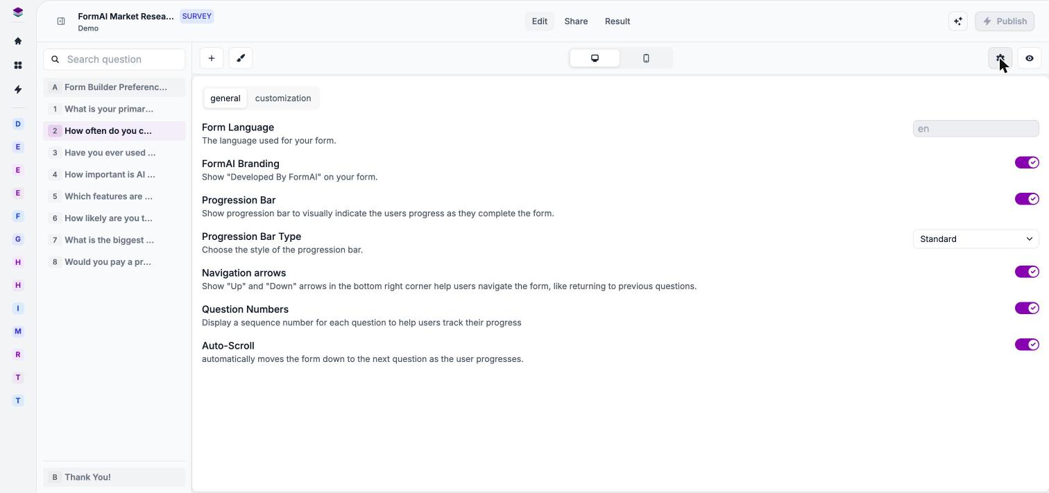 The Form settings general tab with Form Language, FormAI Branding, Progression Bar, Navigation arrows, and Question Numbers