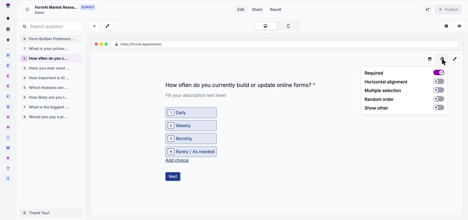 Fenêtre Field settings d'une question de type Options avec Required, Horizontal alignment, Multiple selection, Random order et Show other