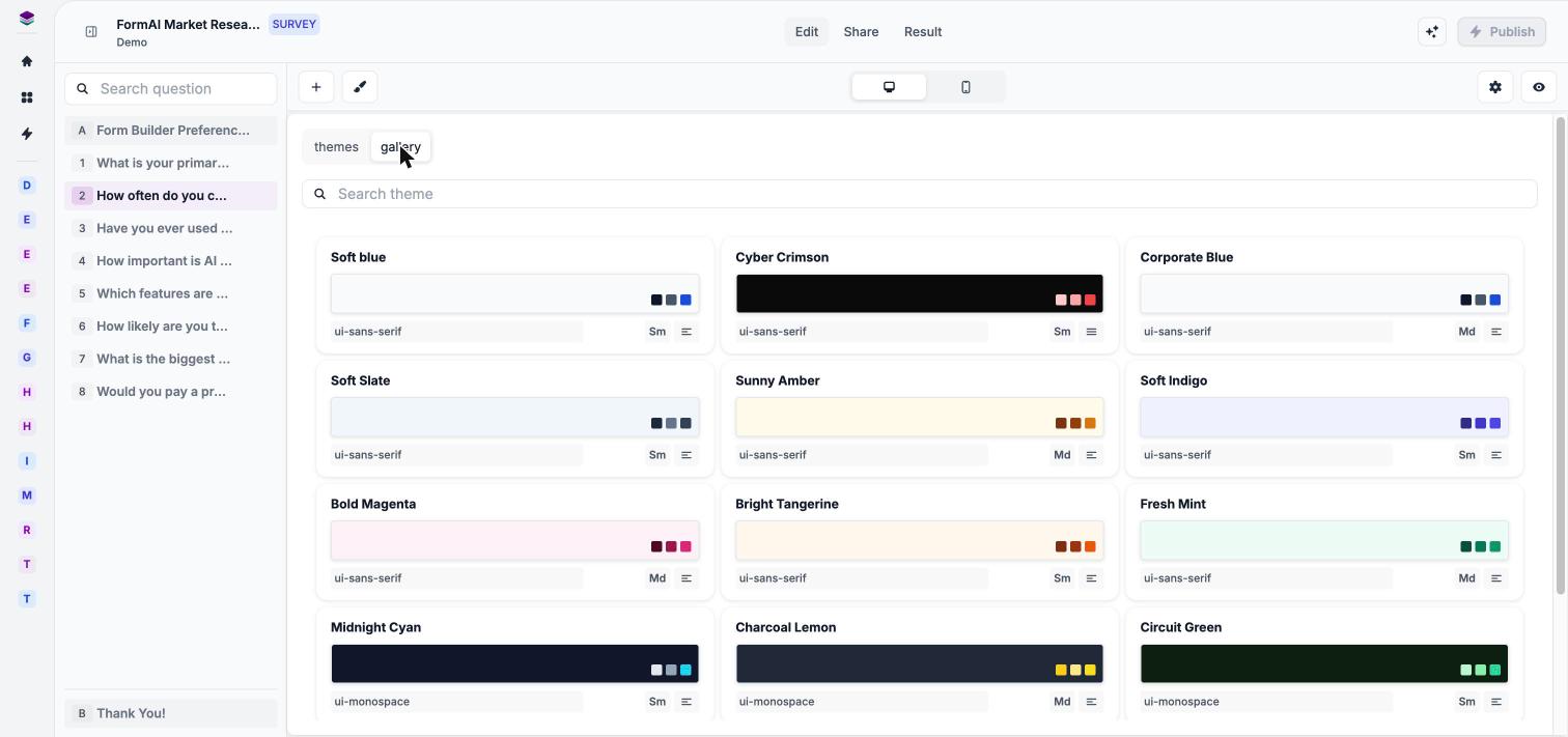 The theme manager on the gallery tab showing theme presets