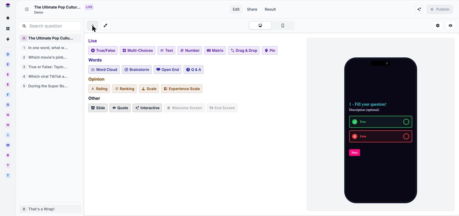 Add question menu for a Live form listing the Live, Words, Opinion and Other question groups
