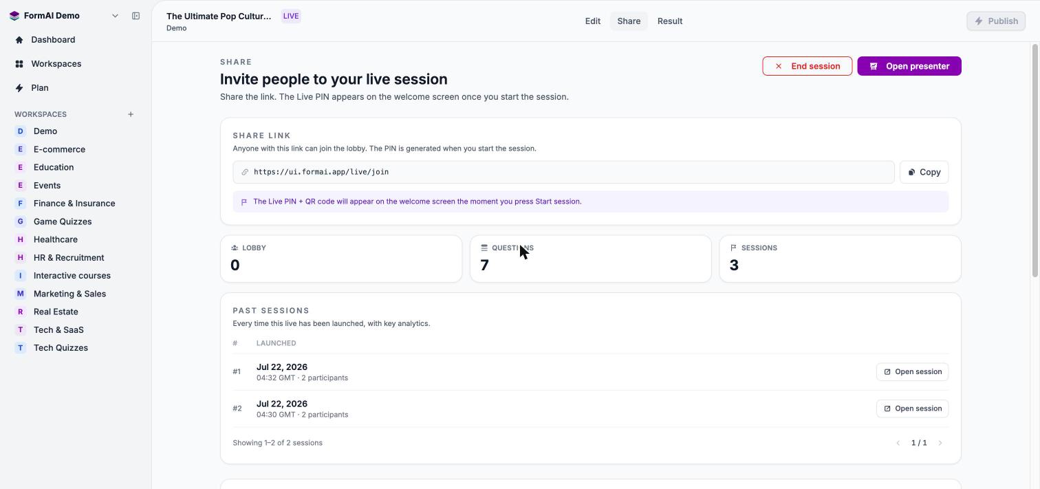 Live form Share tab showing the join link, Lobby, Questions, and Sessions counters, and a list of past sessions