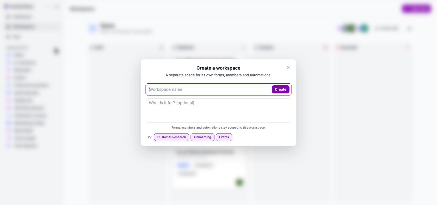 Create a workspace dialog with a Workspace name field, an optional purpose field, suggestion chips, and a Create button