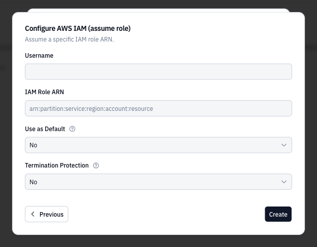 AWS IAM assume role form with Username, IAM Role ARN, Use as Default, and Termination Protection fields
