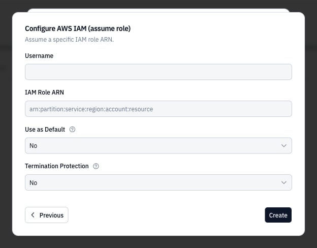 AWS IAM assume role form with Username, IAM Role ARN, Use as Default, and Termination Protection fields