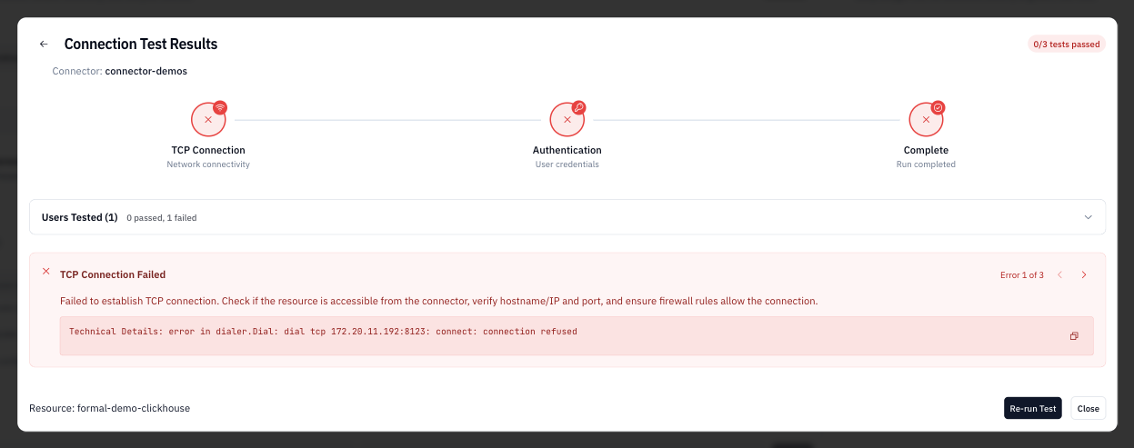 Failed connection test showing timeout error with red clock icon and "Connection Test Timed Out" message