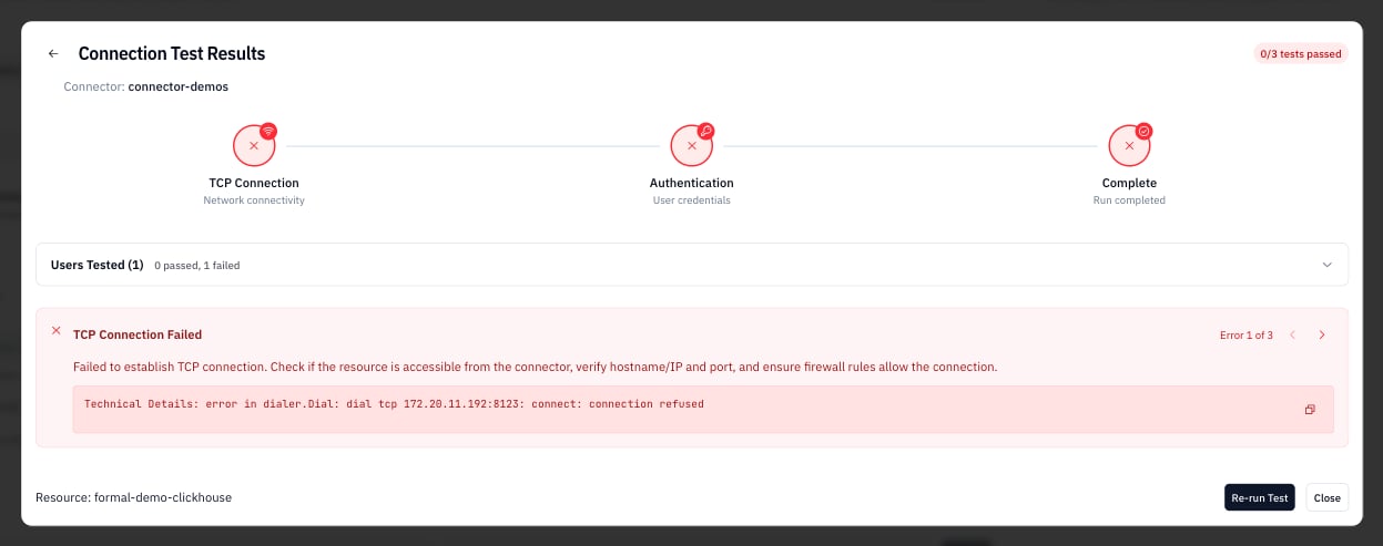 Failed connection test showing timeout error with red clock icon and "Connection Test Timed Out" message