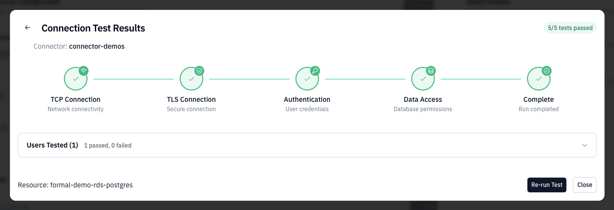 Successful connection test results showing 3/3 tests passed with TCP Connection, Authentication, and Data Access stages