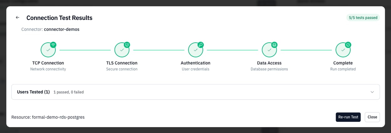 Successful connection test results showing 3/3 tests passed with TCP Connection, Authentication, and Data Access stages