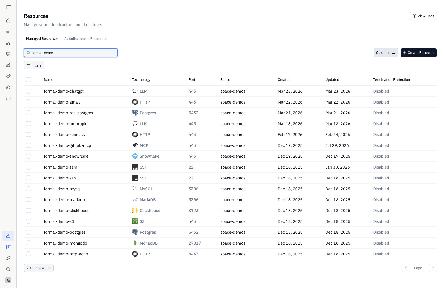 Resources list with a resource ready to open