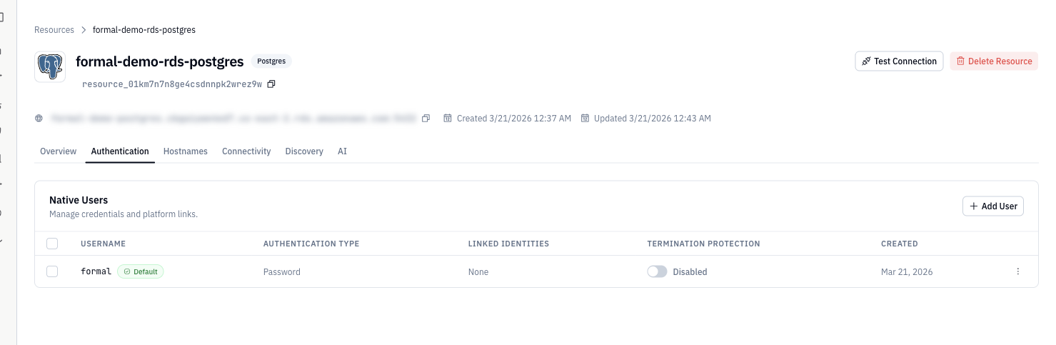 Authentication tab with the Native Users section and Add User button