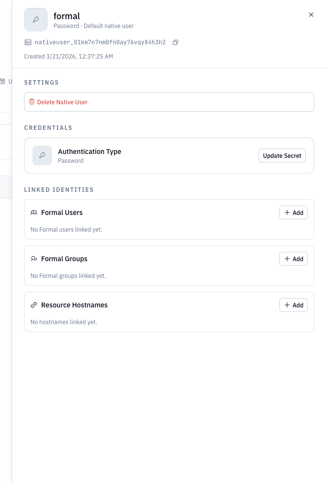 Native User details drawer with the Linked Identities section