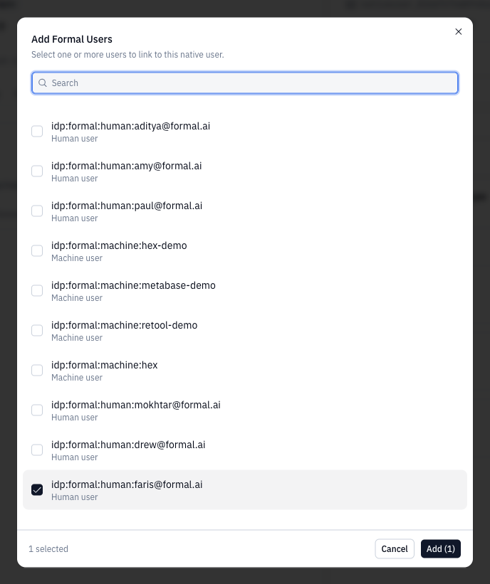 Add Formal Users dialog with a selected identity