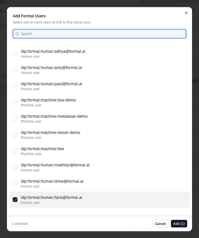 Add Formal Users dialog with a selected identity
