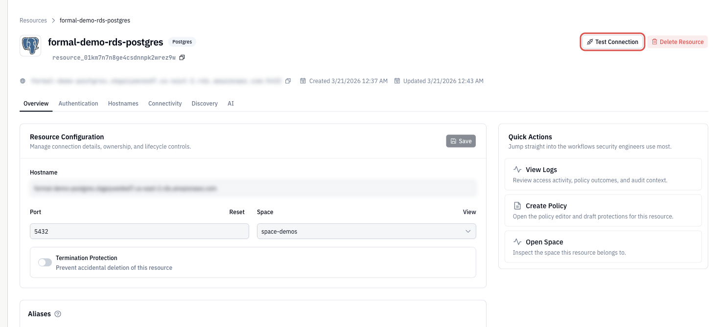Resource Details page showing Test Connection button and Database Name for Health Check configuration
